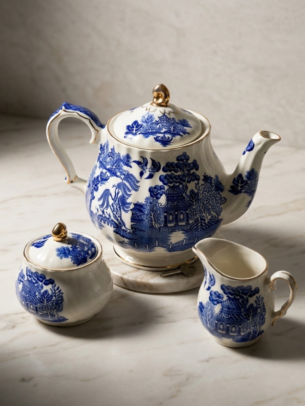 Vintage Sadler Blue Willow Musical Teapot Set Made in England Rare Find - Picture 2 of 8